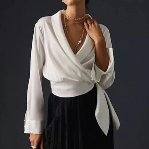 Anthropologie Hutch Nyla Satin Wrap Blouse XS Cropped Long Sleeve White Top